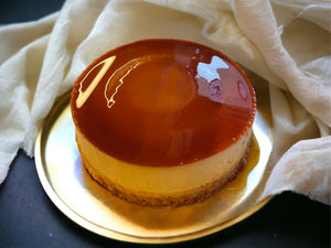 The velvety, caramel-kissed flan layer sits atop the light and airy vanilla cake.